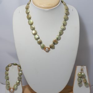 Olive Green Coin Pearl Necklace Set with Matching Earrings & Bracelet
