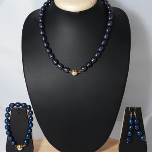 Peacock Blue Pearl Jewelry Set – Necklace, Earrings & Bracelet