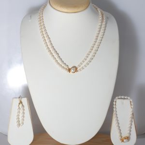 Classic Double-Strand White Freshwater Pearl Jewelry Set – Necklace, Bracelet & Earrings