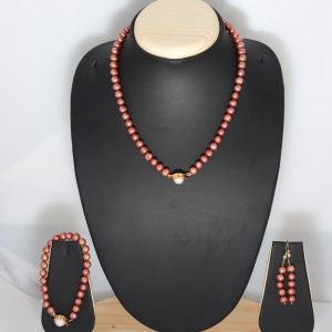 Maroon Brick Brown Pearl Jewelry Set – Necklace, Earrings & Bracelet