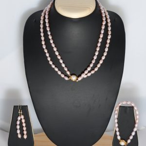 Mauve Pink Oval Pearl Jewelry Set – 2-Line Necklace, Earrings & Bracelet