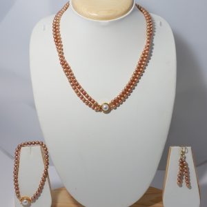 Elegant Peach Copper Pearl Double-Line Jewelry Set with Necklace, Bracelet & Earrings